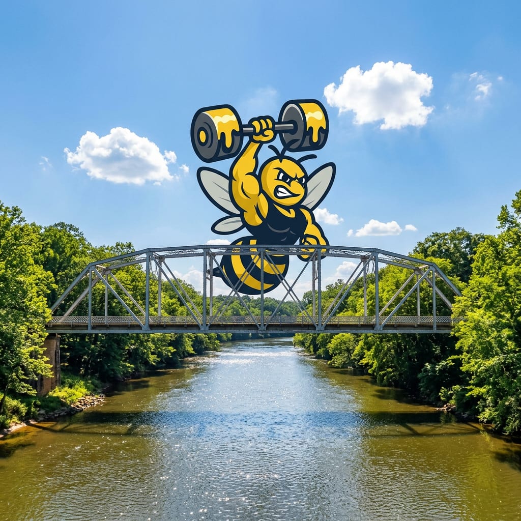 Hive Fitness Journey bumblebee mascot teaser concept at Etowah River Bridge  -  new gym location preview